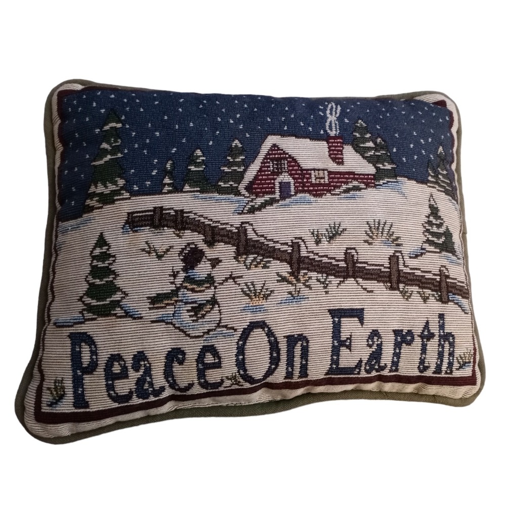 Vtg Christmas Peace on Earth Cabin Snow Needlepoint Decor Throw Pillow 12.5"x10" - Picture 1 of 4